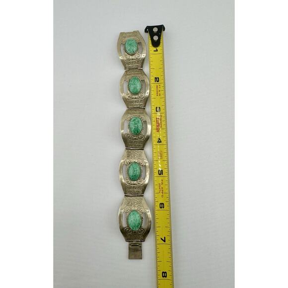 925 Sterling Silver Vintage Mexico Jade Peking Glass Panel Link Bracelet - Picture 8 of 10